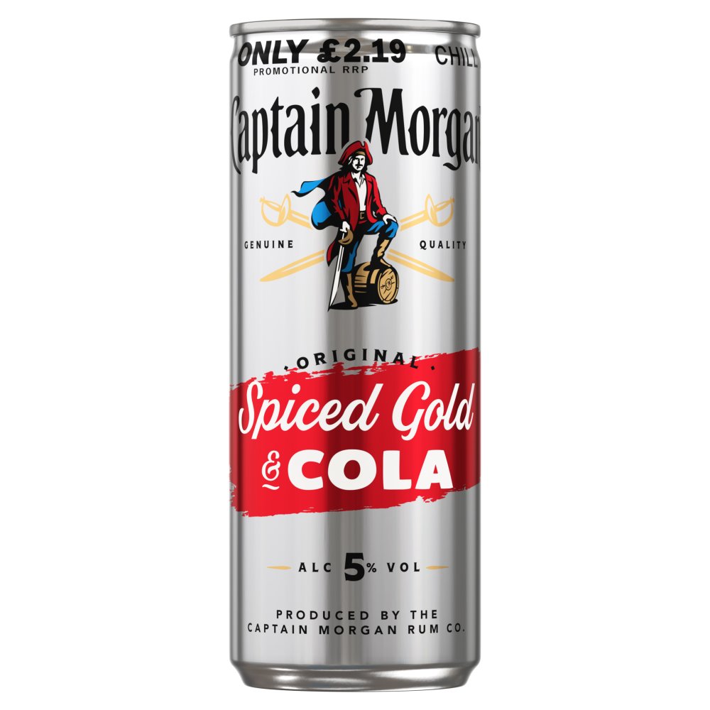 Captain Morgan Original Spiced Gold & Cola 5% vol 250ml PMP £2.19 Ready to Drink Premix Can (250ml x 12 x 1)