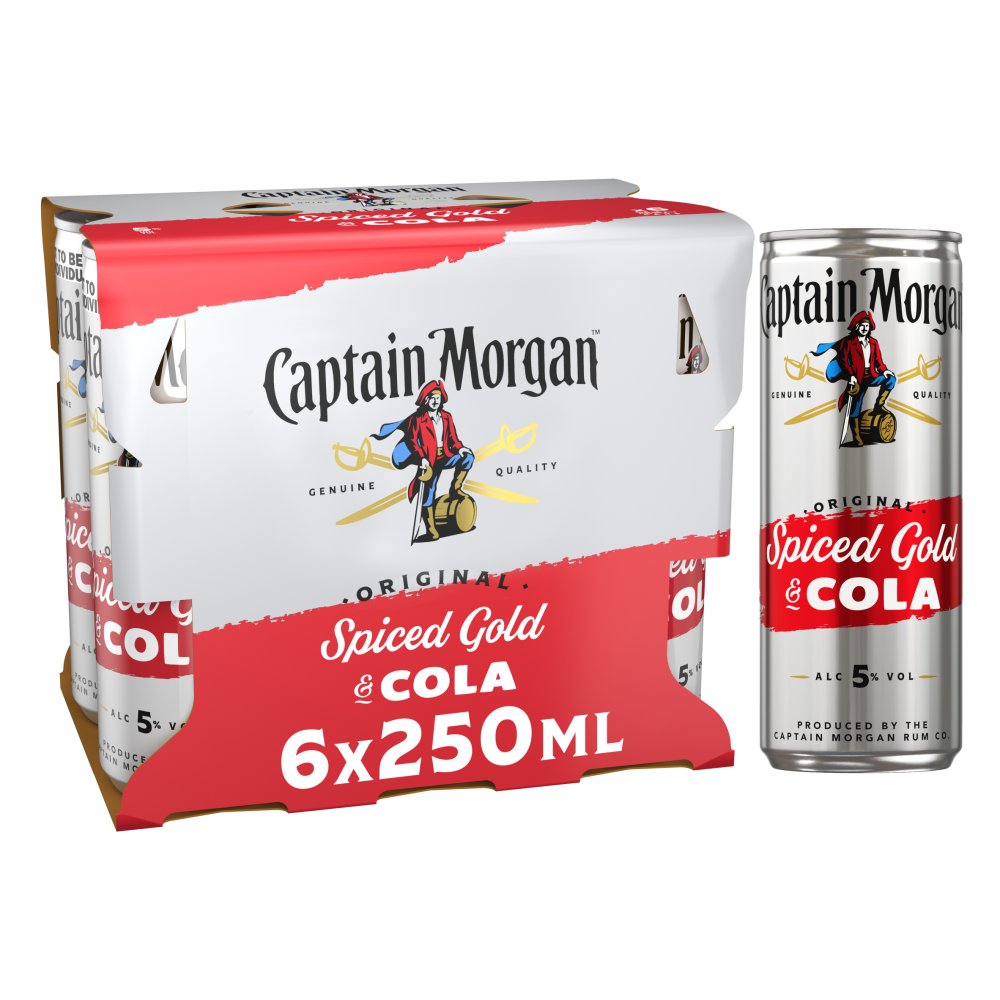 Captain Morgan Original Spiced Gold & Cola Ready to Drink 5% vol 6x250ml Cans (250ml x 4 x 1)