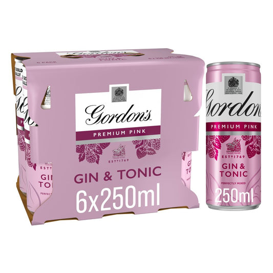 Gordon's Premium Pink Gin & Tonic Ready To Drink 5% vol 6x250ml Cans (250ml x 4 x 1)