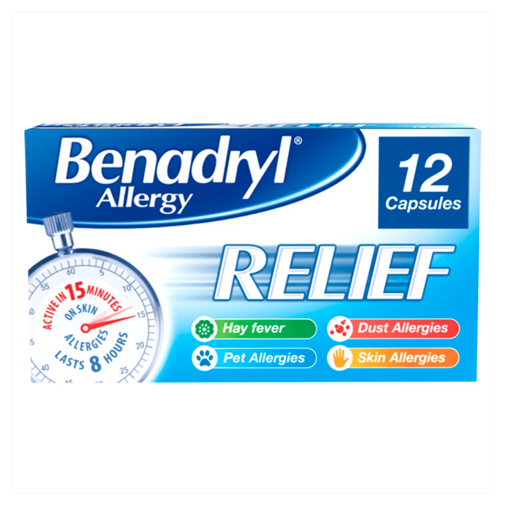 BENADRYL Allergy Relief capsules gets to work in 15mins for Allergy relief. Pack of 12. (12s × 6 × 1)
