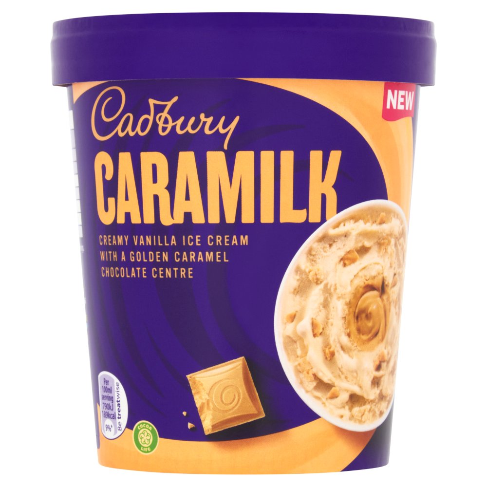 Cadbury Caramilk Creamy Vanilla Ice Cream with a Golden Caramel Chocolate Centre