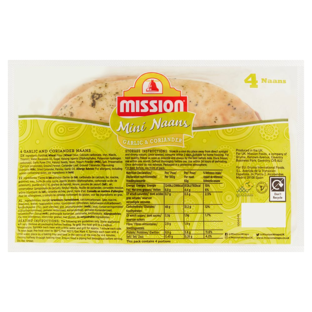 Mission 4 Mini Naans Garlic & Coriander (4pk × 6)