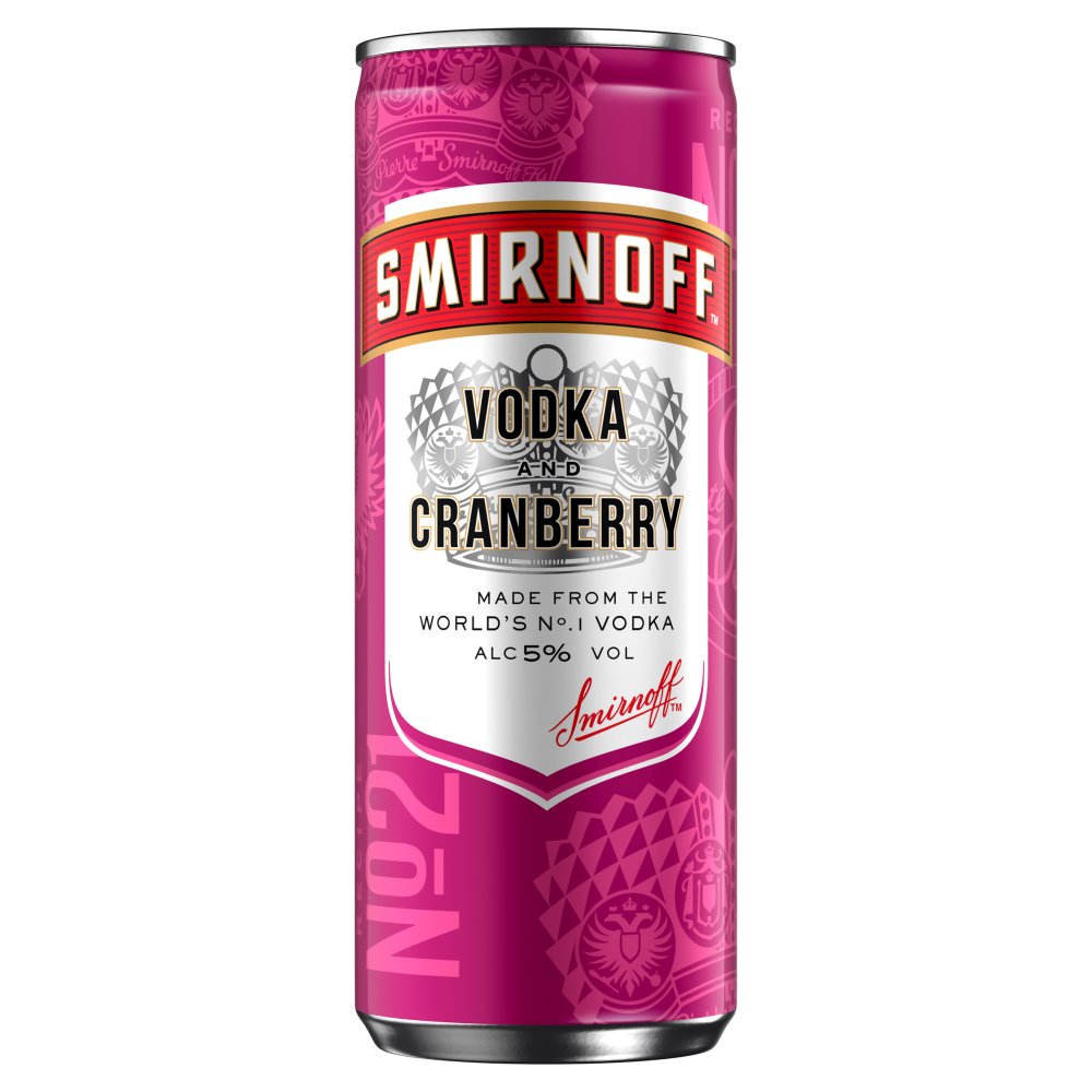 Smirnoff No.21 Vodka and Cranberry 5% vol Ready to Drink Premix 250ml Can (250ml x 12 x 1)