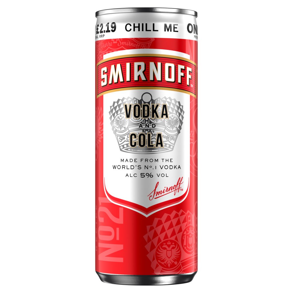 Smirnoff No.21 Vodka and Cola 5% vol Ready to Drink Premix 250ml Can PMP £2.19 (250ml x 12 x 1)