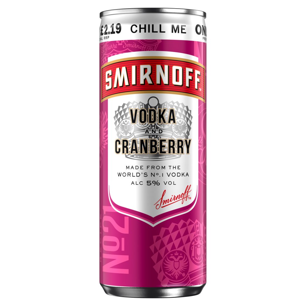Smirnoff No.21 Vodka and Cranberry 5% vol Ready to Drink Premix 250ml Can PMP £2.19 (250ml x 12 x 1)