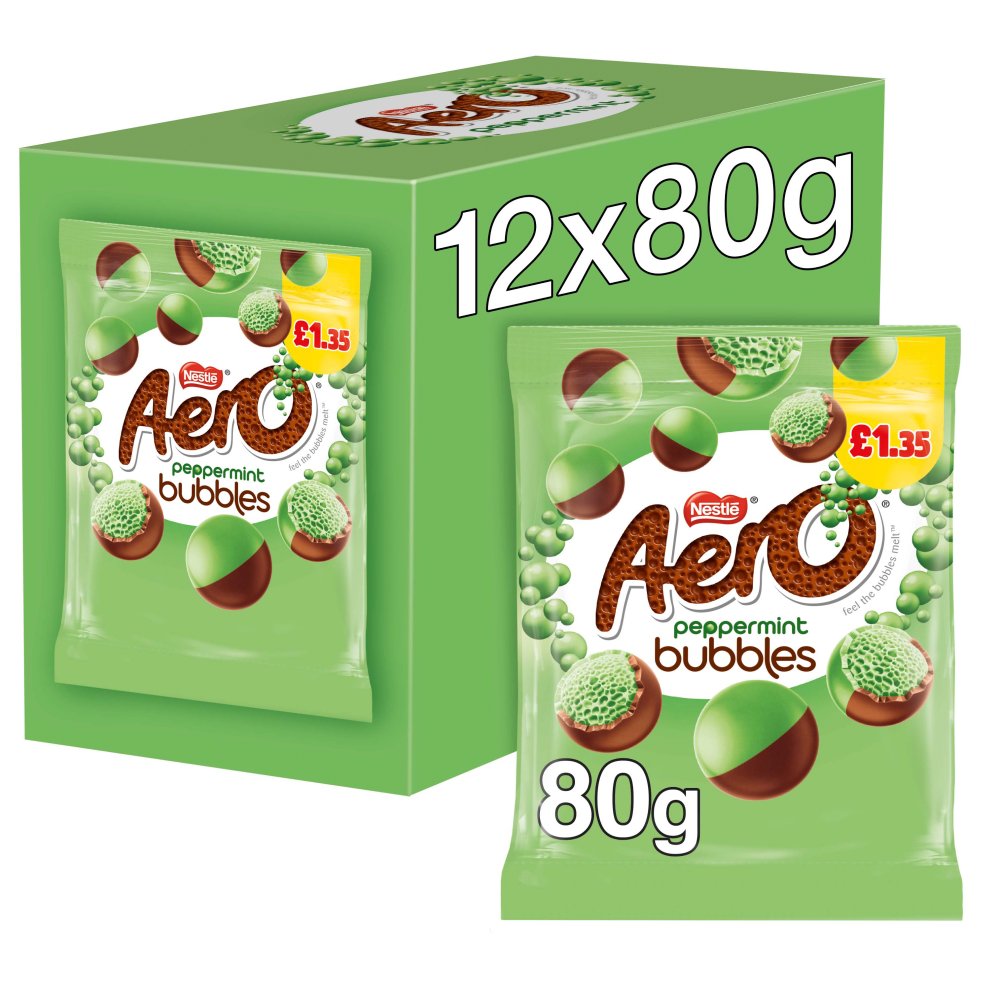 Aero Bubbles Peppermint Chocolate Sharing Bag PMP £1.35 (80g × 12 × 1)