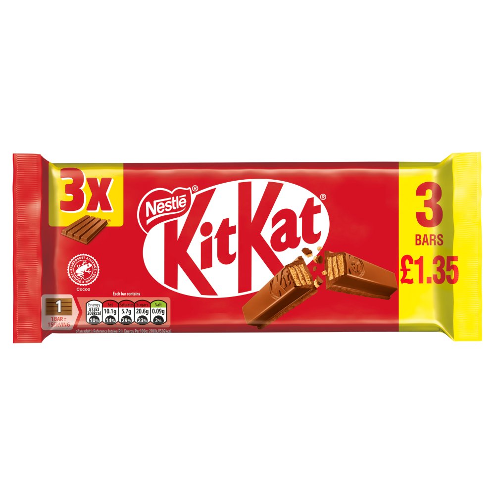 KitKat 4 Finger Milk Chocolate Bar 3 Pack Multipack PMP £1.35