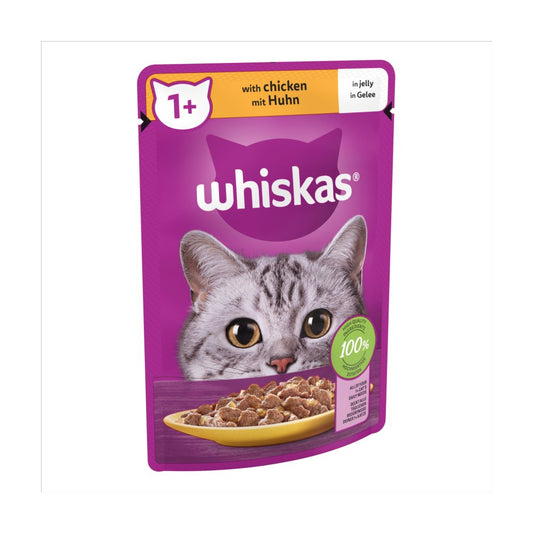 Whiskas 1+ Adult Wet Cat Food Pouches in Jelly with Chicken (85g × 28 × 1)