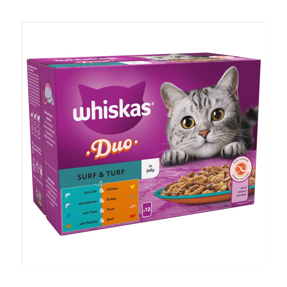 Whiskas 1+ Duo Surf and Turf Adult Wet Cat Food Pouches in Jelly (85g × 4 × 1)