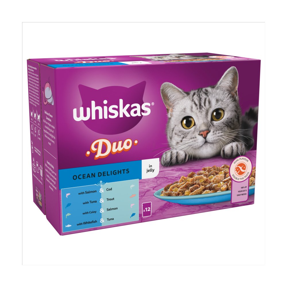 Whiskas 1+ Duo Ocean Delights Adult Wet Cat Food Pouches in Jelly (85g × 4 × 1)