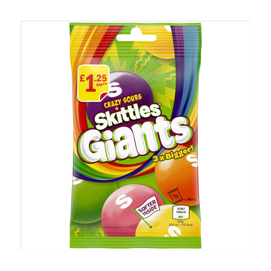 Skittles Giants Vegan Chewy Sour Sweets Fruit Flavoured Treat Bag £1.25 PMP (116g × 14 × 1)