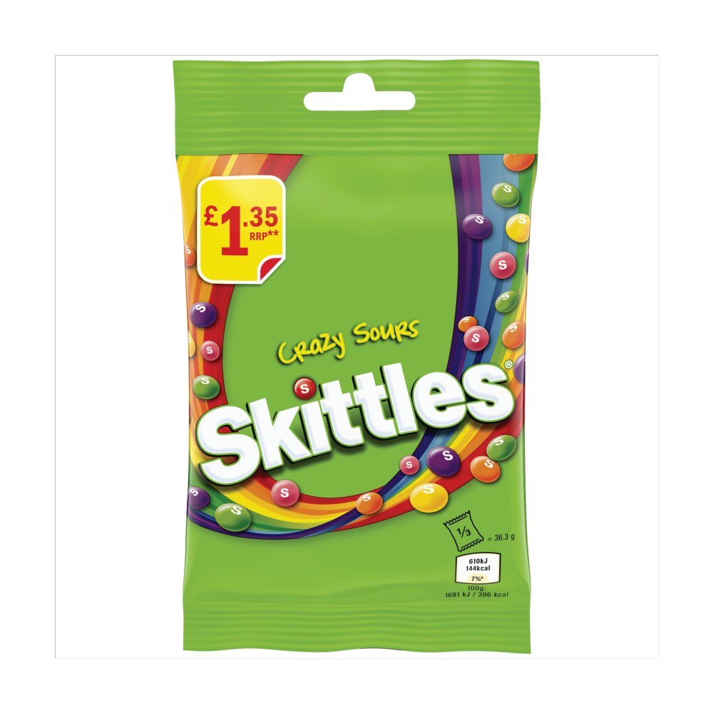 Skittles Vegan Chewy Crazy Sour Sweets Fruit Flavoured Treat Bag £1.35 PMP (109g × 14 × 1)