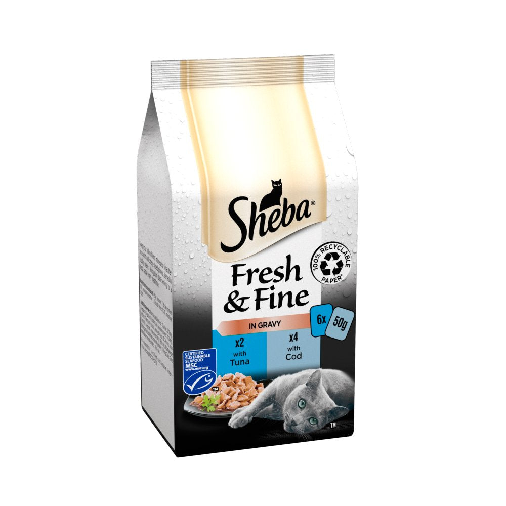 Sheba Fresh & Fine Wet Cat Food Pouches Tuna & Cod in Gravy (50g × 8)