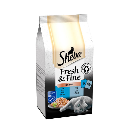 Sheba Fresh & Fine Wet Cat Food Pouches Tuna & Cod in Gravy (50g × 8)