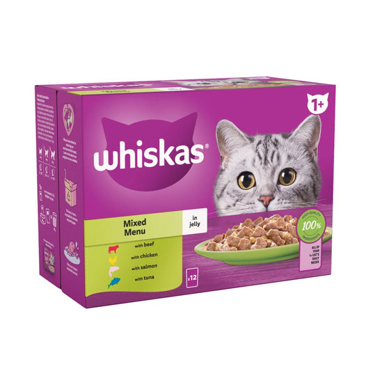 Whiskas 1+ Mixed Menu Adult Wet Cat Food Pouches in Jelly (85g × 4 × 1)