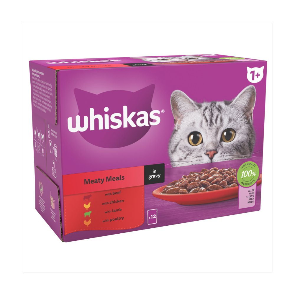 Whiskas 1+ Meaty Meals Adult Wet Cat Food Pouches in Gravy (85g × 4 × 1)