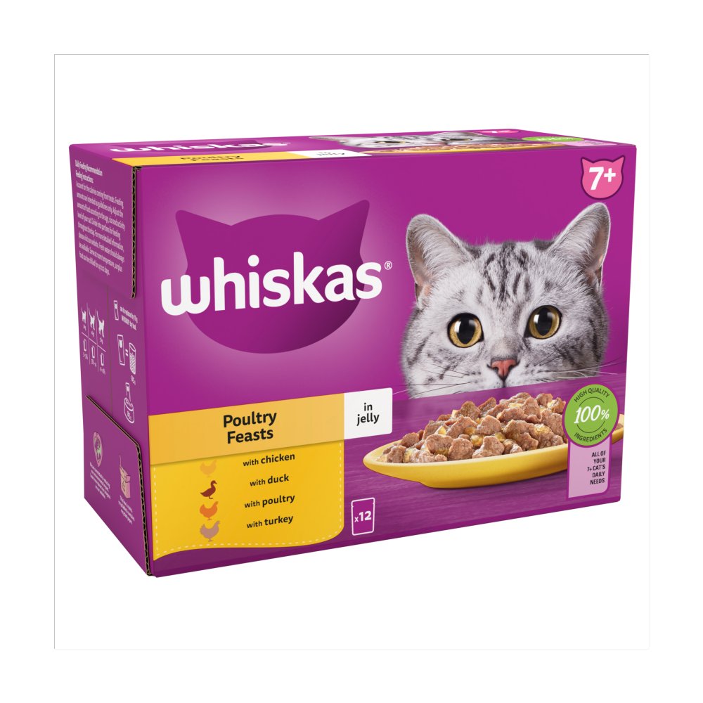 Whiskas 7+ Poultry Feasts Senior Wet Cat Food Pouches in Jelly (85g × 4 × 1)