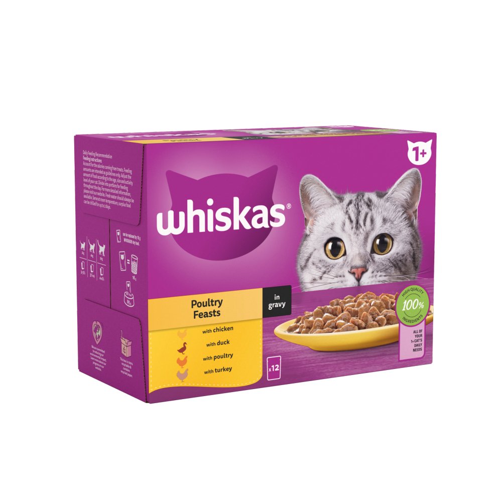 Whiskas 1+ Poultry Feasts Adult Wet Cat Food Pouches in Gravy (85g × 4 × 1)