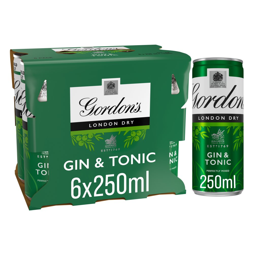 Gordon's London Dry Gin & Tonic Ready To Drink 5% vol 6x250ml Cans (250ml × 4 × 1)