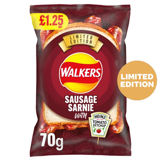 Walkers Sausage Sarnie with Heinz Tomato Ketchup Sharing Bag Crisps PMP  RRP £1.25 (70g × 18 × 1)