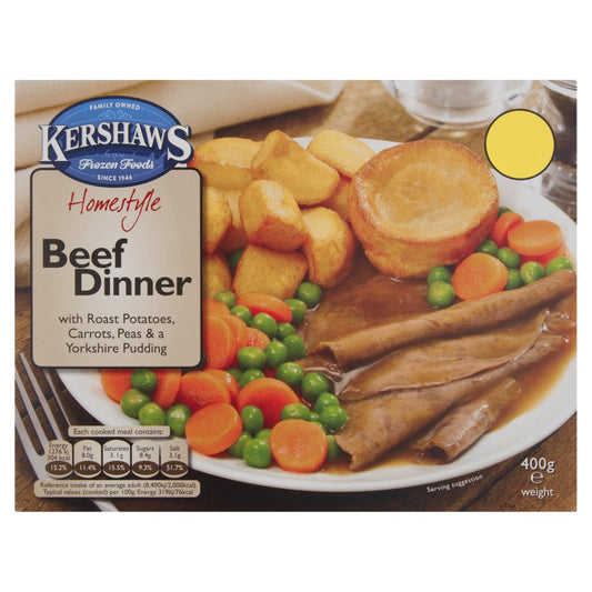 Kershaws Homestyle Beef Dinner with Roast Potatoes, Carrots, Peas & a Yorkshire Pudding (400g × 12)