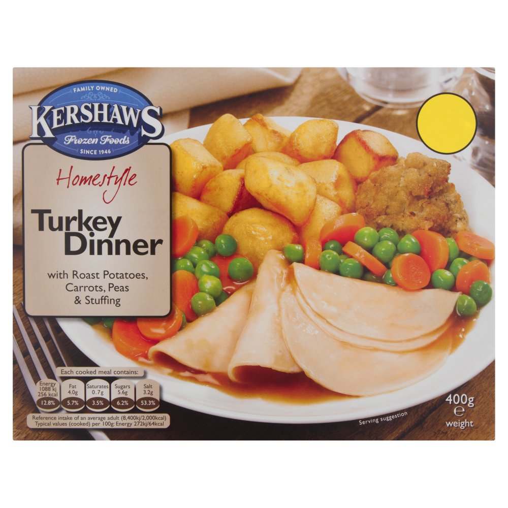 Kershaws Homestyle Turkey Dinner with Roast Potatoes, Carrots, Peas & Stuffing (400g × 12)