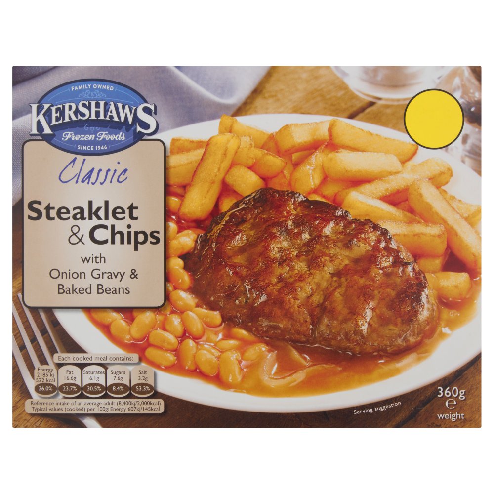 Kershaws Classic Steaklet & Chips with Onion Gravy & Baked Beans (360g × 12)