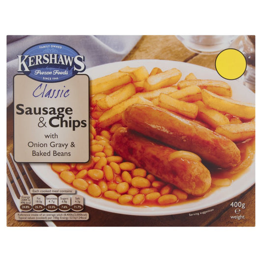 Kershaws Classic Sausage & Chips with Onion Gravy & Baked Beans (400g × 12)