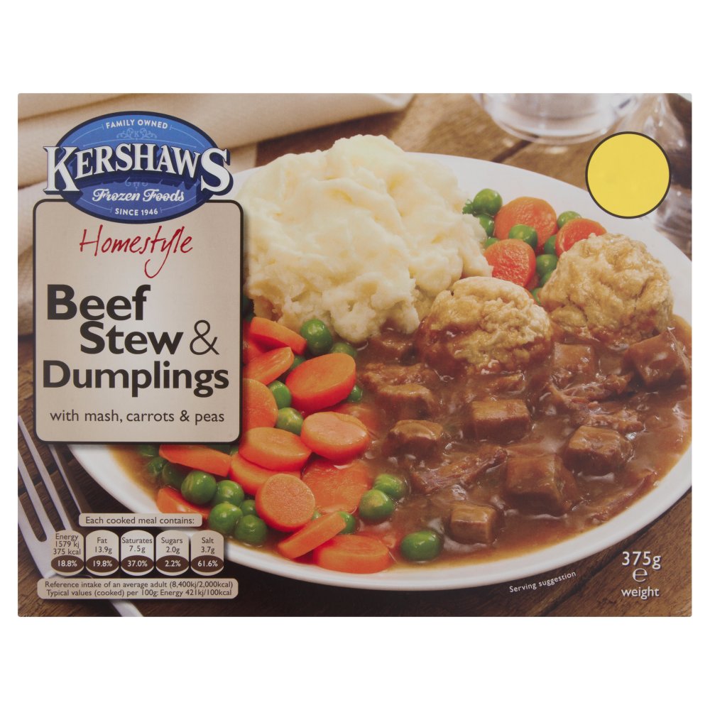 Kershaws Homestyle Beef Stew & Dumplings with Mash, Carrots & Peas (375g × 12)