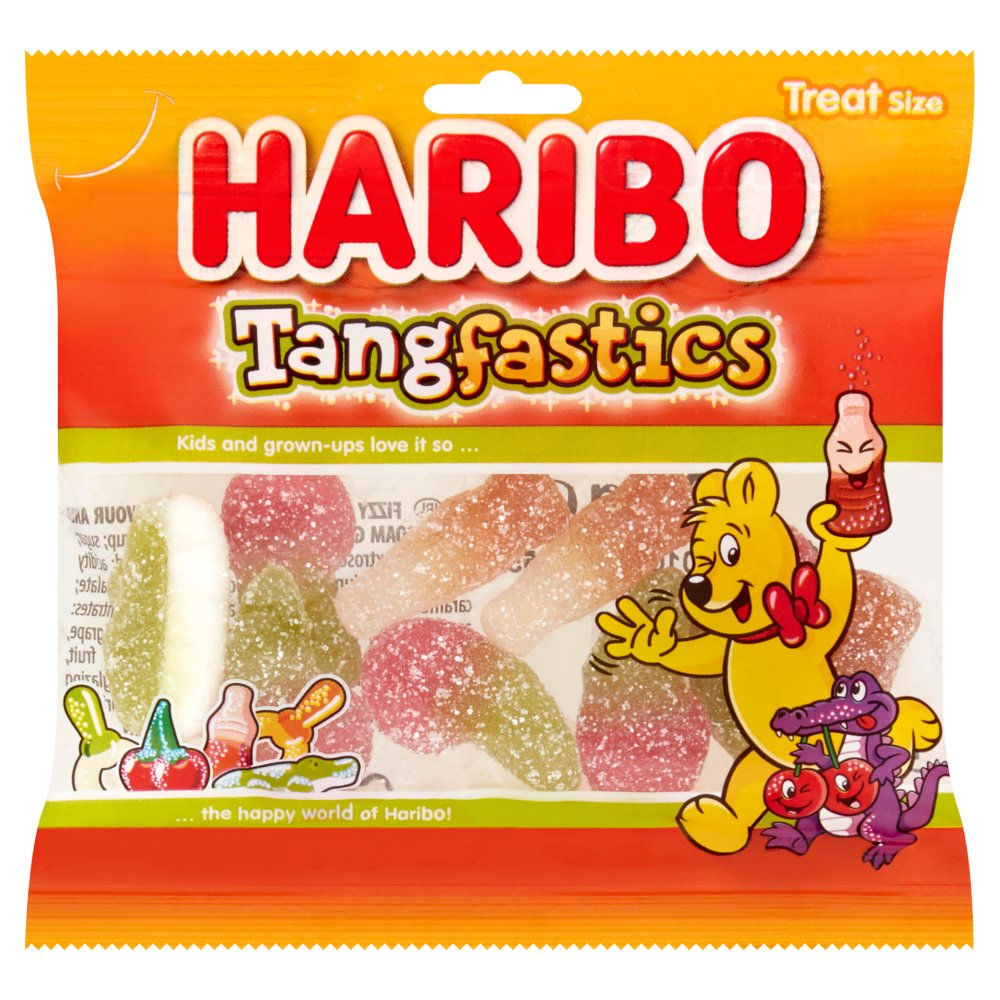 HARIBO Tangfastics Fruit & Cola Flavour Fizzy Jelly Sweets Fun Size Bag (Std × 100 × 1)