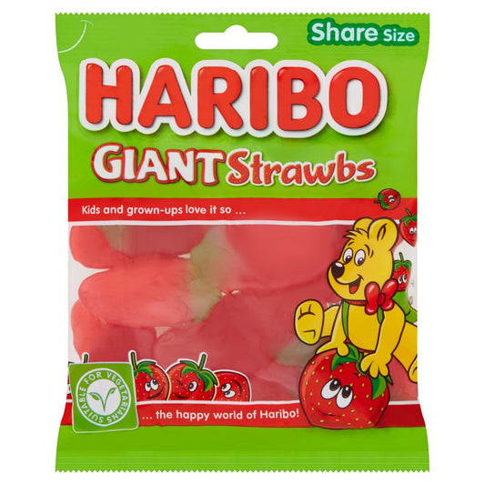 HARIBO Giant Strawbs Strawberry Flavour Chewy Jelly Sweets Sharing Bag (160g × 12 × 1)
