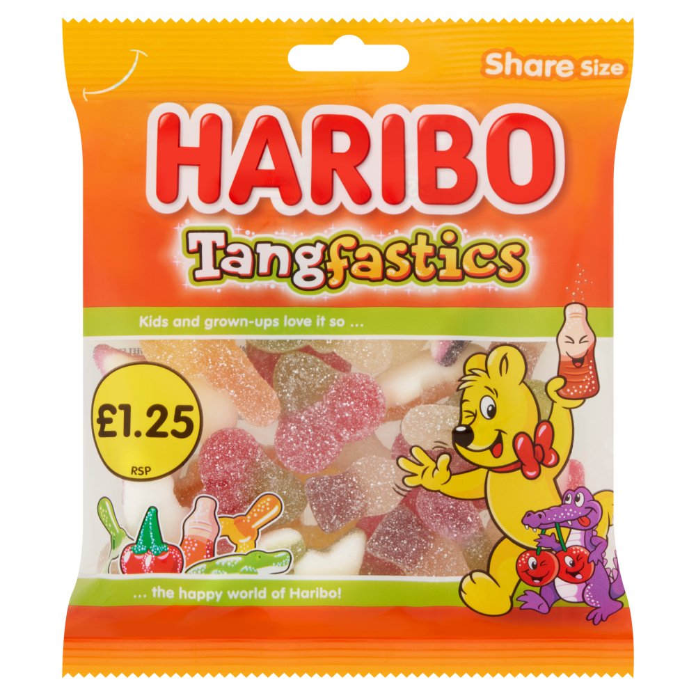 HARIBO Tangfastics Fruit & Cola Flavour Fizzy Jelly Sweets Sharing Bag (140g × 12 × 1)