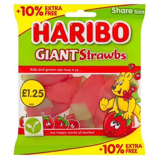 HARIBO Giant Strawbs Strawberry Flavour Chewy Jelly Sweets Sharing Bag (154g × 12 × 1)