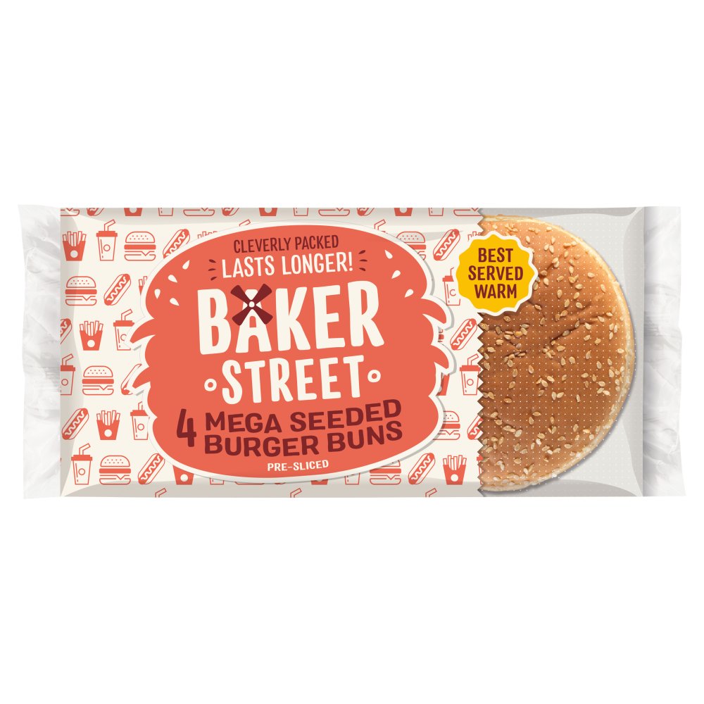 Baker Street 4 Mega Seeded Burger Buns Pre-Sliced (4pk × 7)