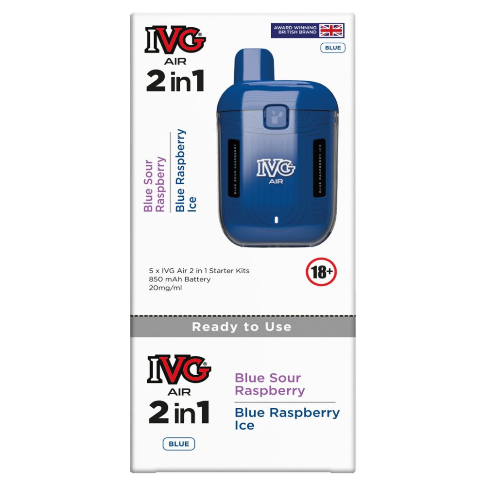 IVG Air Blue Sour Raspberry, Blue Raspberry Ice 2 in 1 Pods (4ml × 5 × 1)