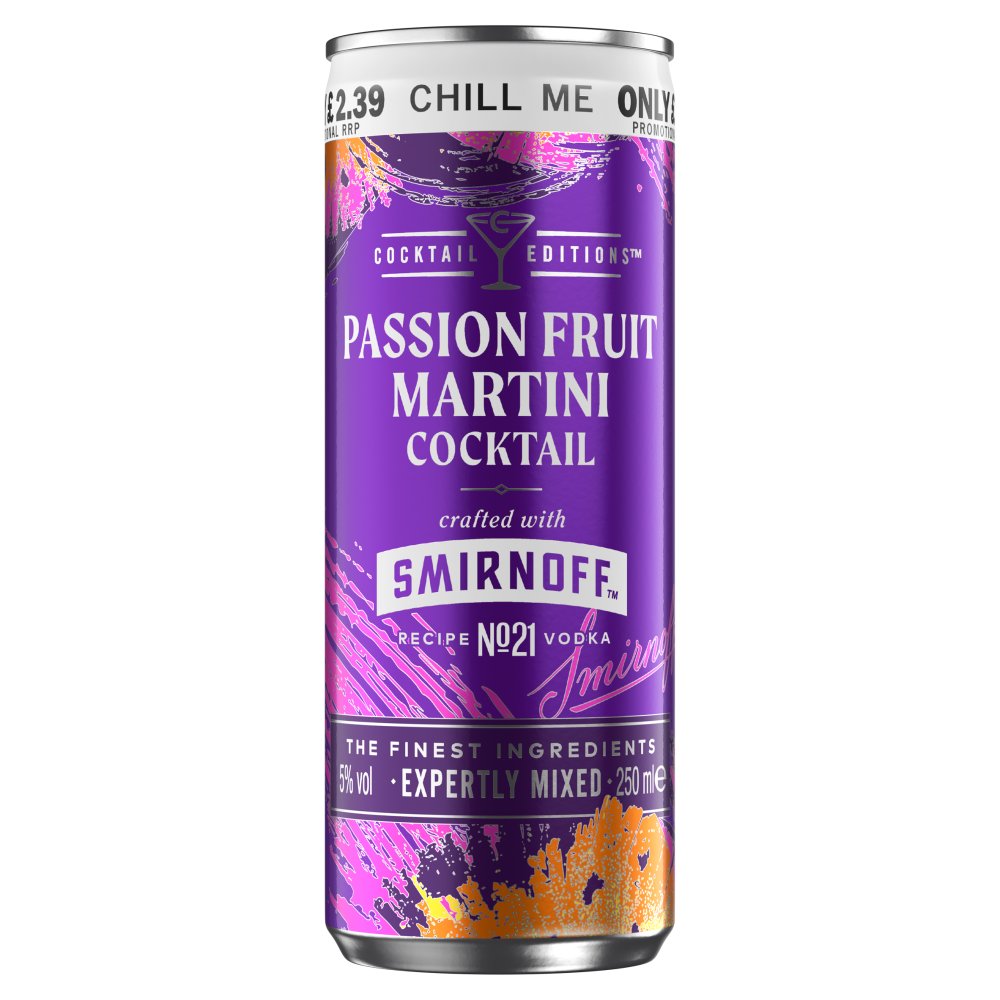 Smirnoff Passionfruit martini cocktail 5% vol 250ml Can PMP £2.39 (250ml × 12 × 1)