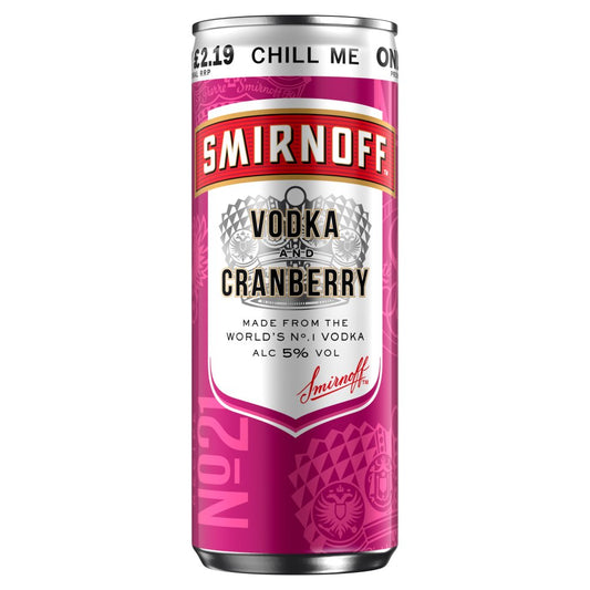 Smirnoff No.21 Vodka and Cranberry 5% vol Ready to Drink Premix 250ml Can PMP £2.19 (250ml x 12 x 1)