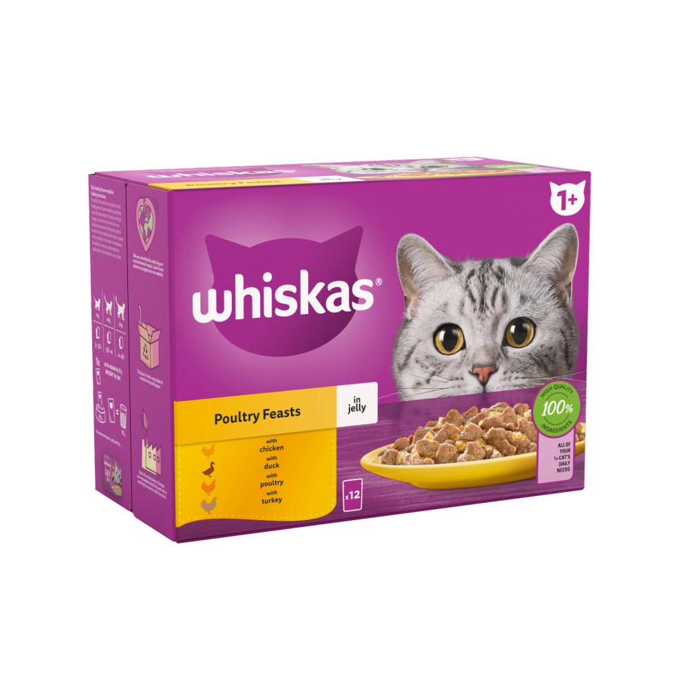 Whiskas 1+ Poultry Feasts Adult Wet Cat Food Pouches in Jelly (85g × 4 × 1)