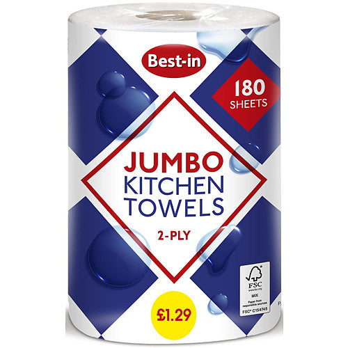 Bestin Jumbo Kitchen Towel 2ply White PM £1.29 (1Roll × 6 × 1)